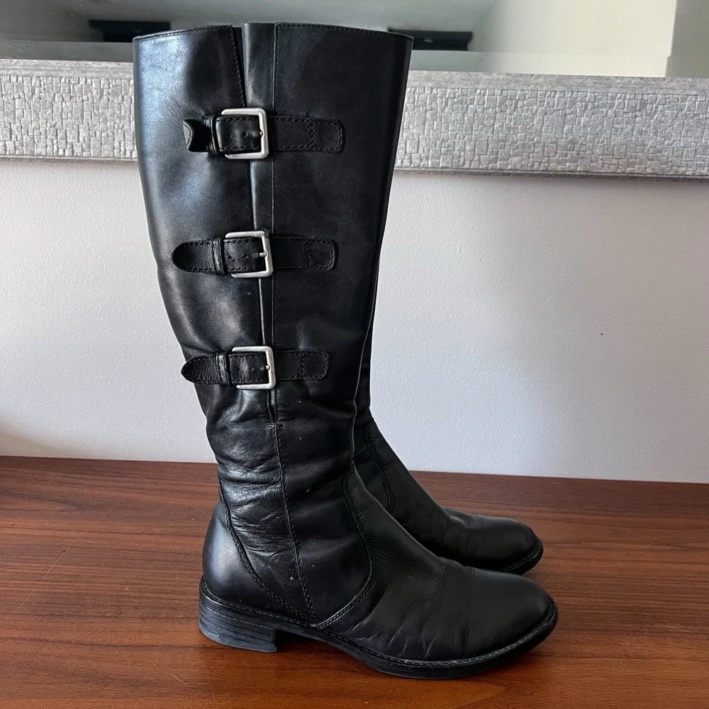 ECCO Women's Black Leather Knee High Riding Boots Triple Buckle Side Zip Size 38